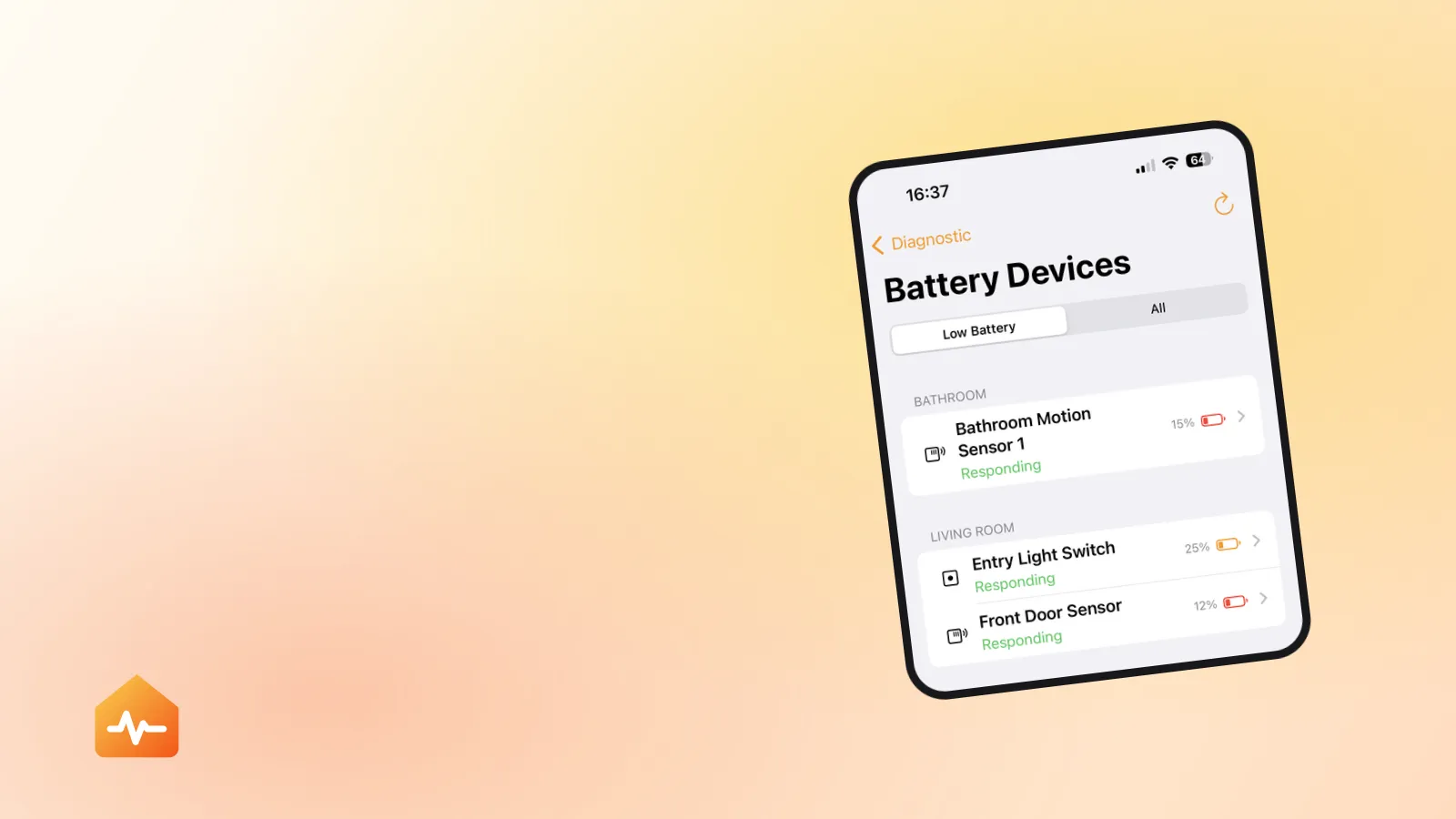 HomeCare listing HomeKit accessories with their battery levels and flagging the ones below the low battery threshold