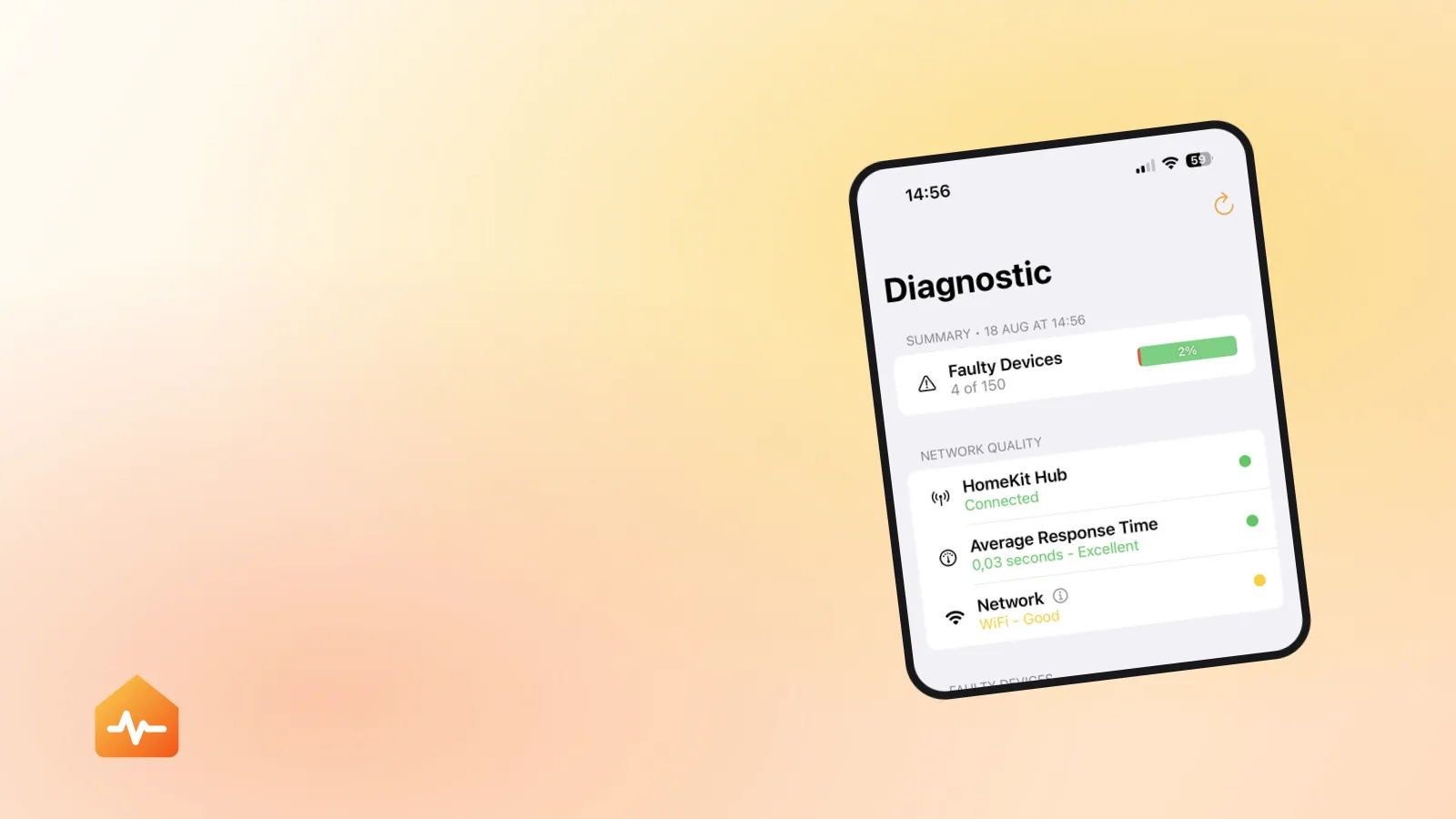 HomeCare diagnostic summary showing HomeKit hub status alongside unreachable accessories and network quality