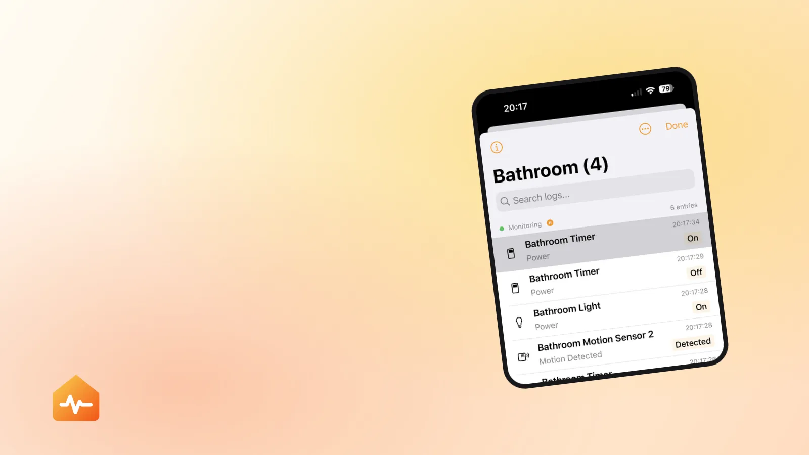 HomeCare logs viewer showing timestamped HomeKit state changes for an accessory that drops out repeatedly
