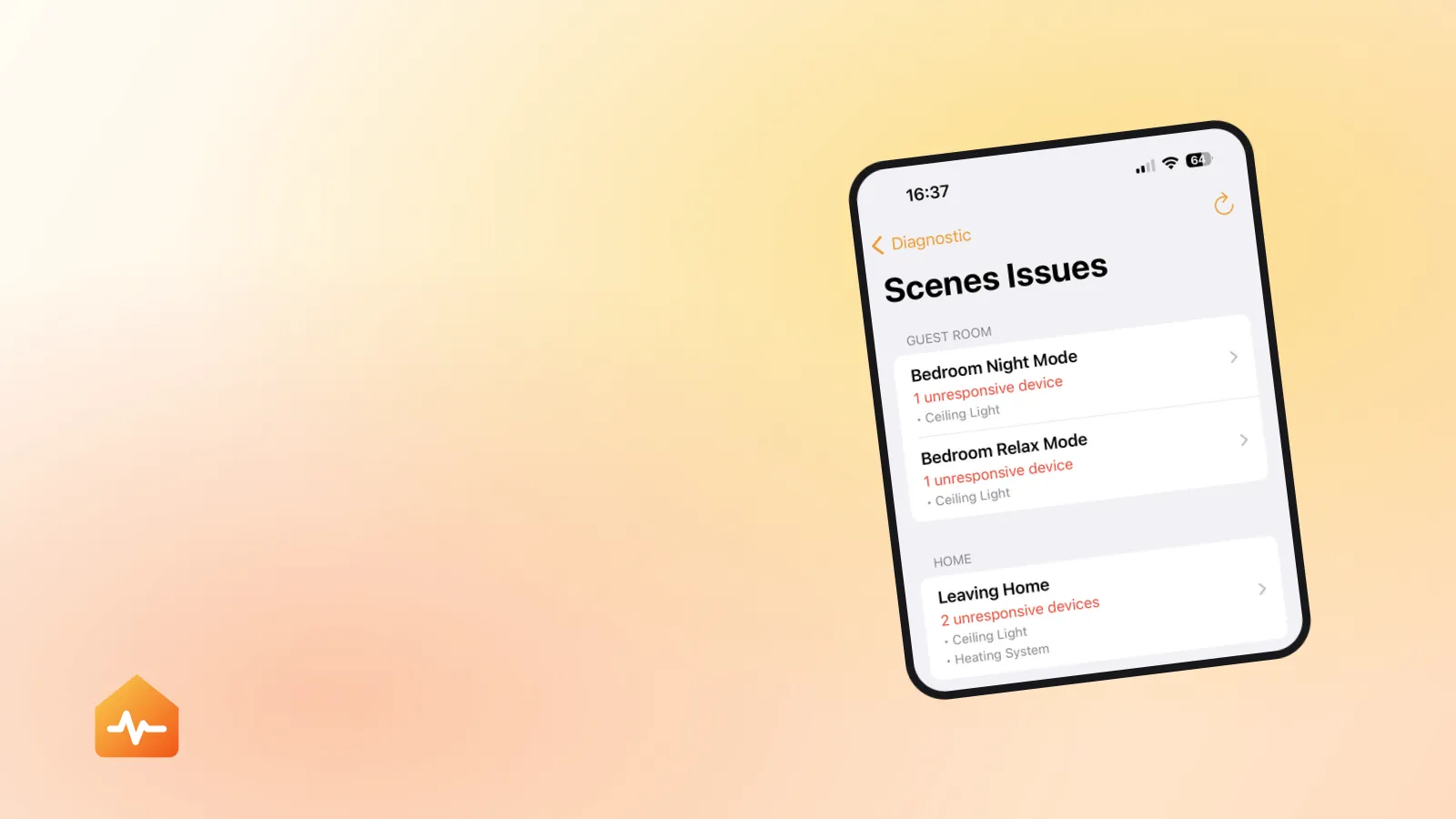 HomeCare listing HomeKit scenes and automations with issues, separating the ones that cannot fire from the ones that are broken