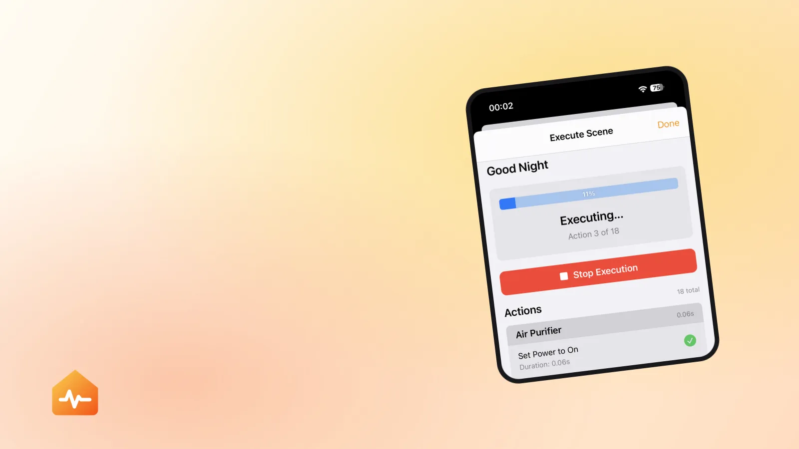 HomeCare testing a HomeKit scene action by action, showing the result and duration of each one