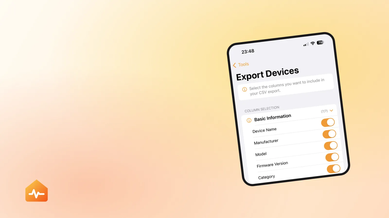 HomeCare exporting a list of HomeKit devices with their rooms, bridges and status before a reset