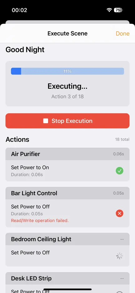 Scene Tester running actions one by one and catching the failure